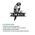 Parrot metal sign product infographic highlighting cut-metal construction and optional installation features