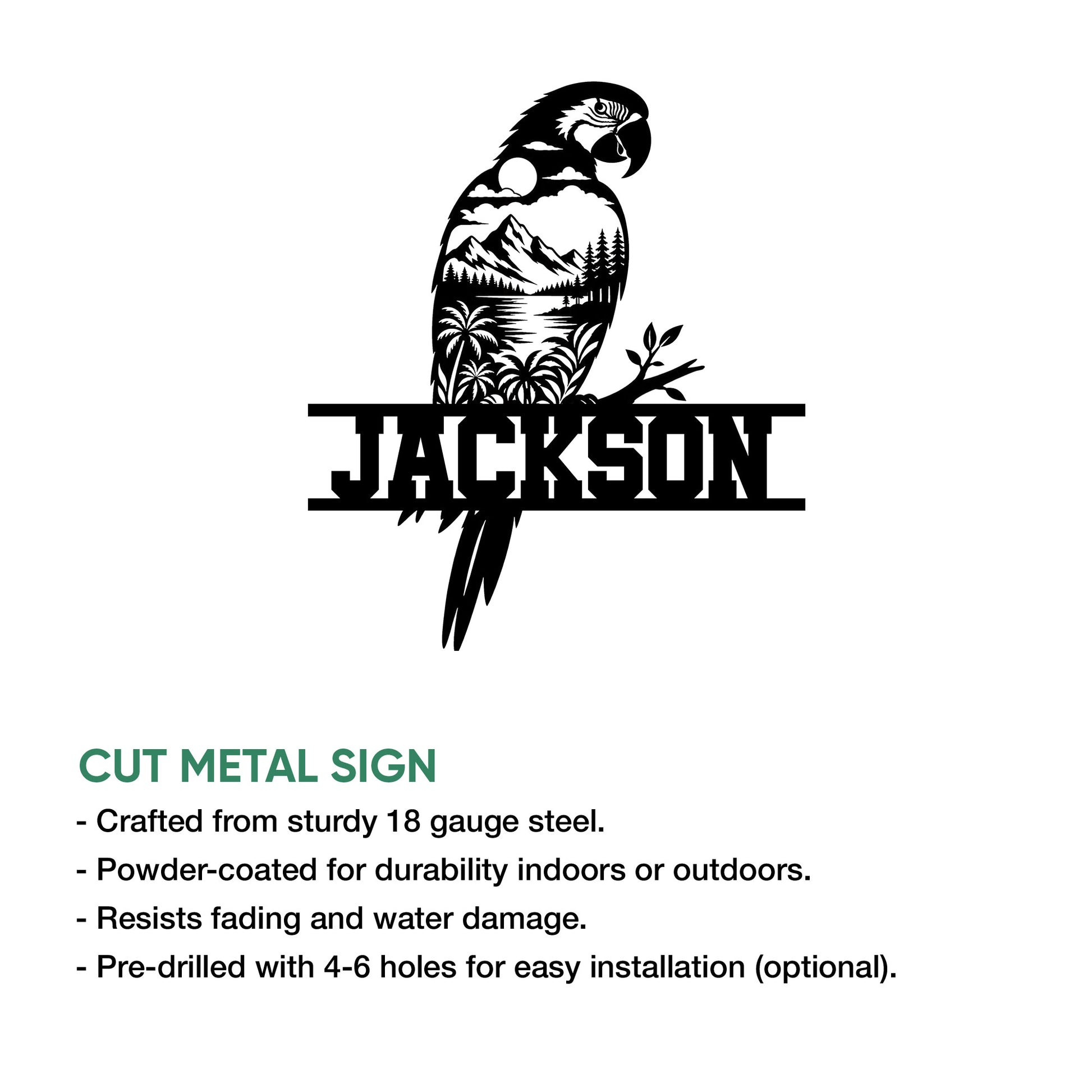 Parrot metal sign product infographic highlighting cut-metal construction and optional installation features