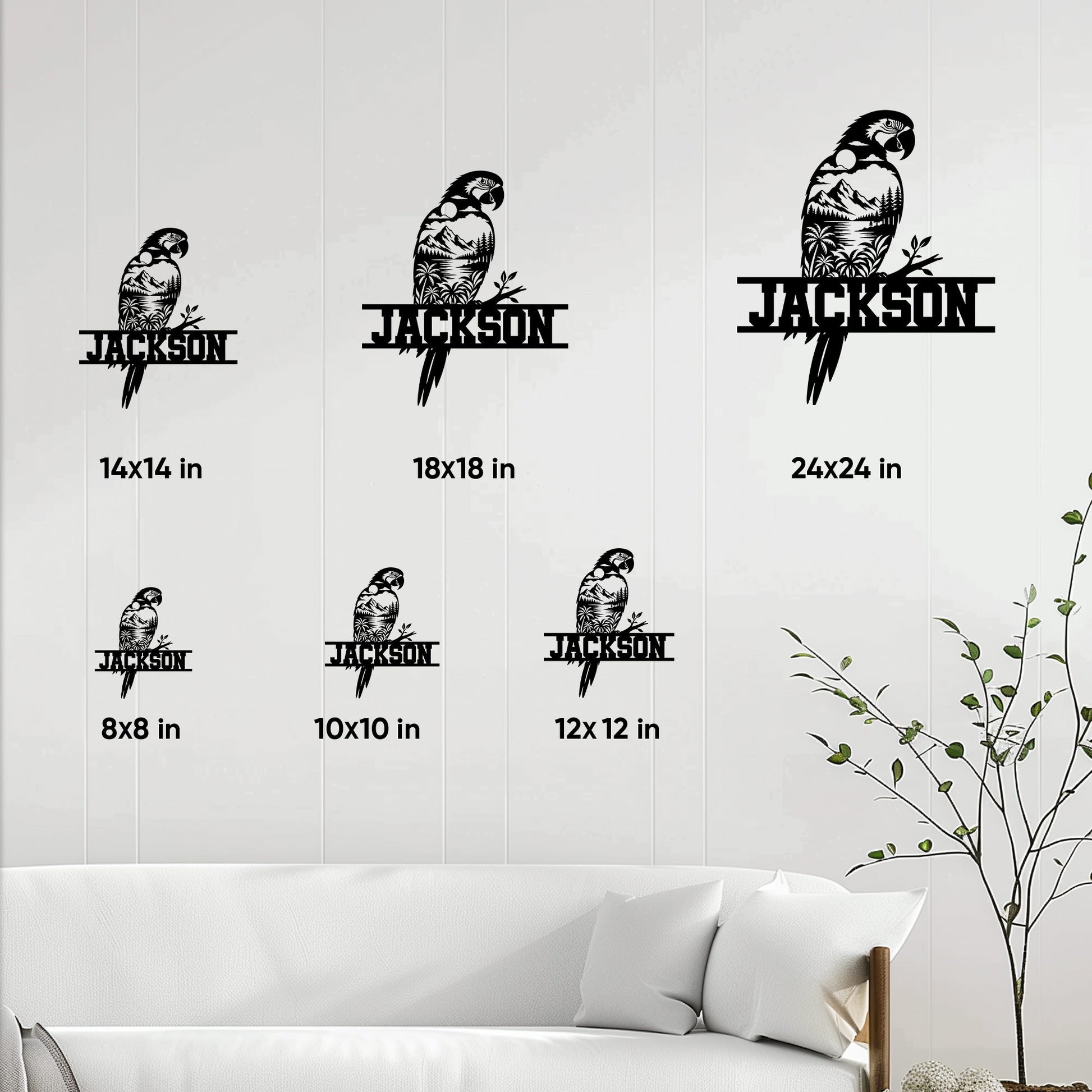 Parrot metal sign size guide showing multiple square size options in a living room setting