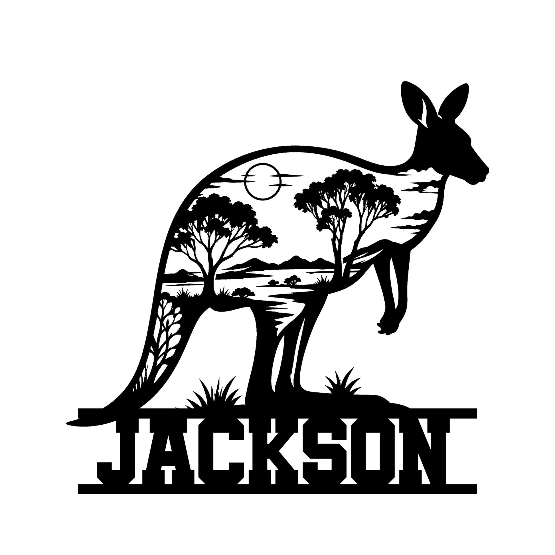 Kangaroo metal sign featuring a bold wildlife silhouette filled with Australian trees, mountains, water, and moonlight