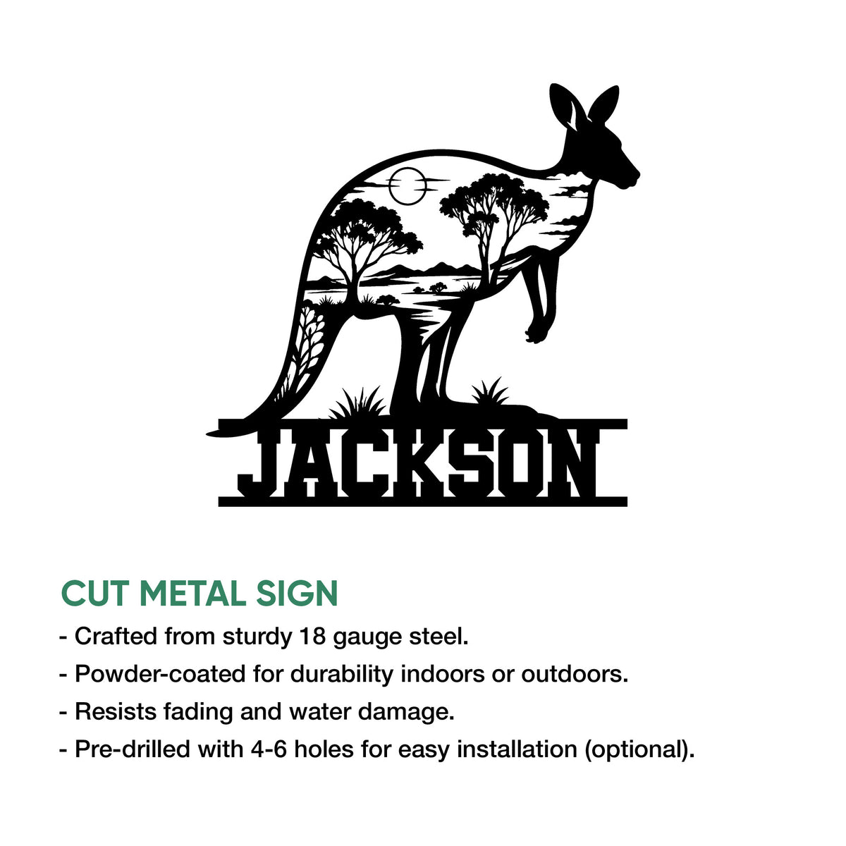 Kangaroo cut metal sign shown in a product feature graphic with an Australian landscape silhouette