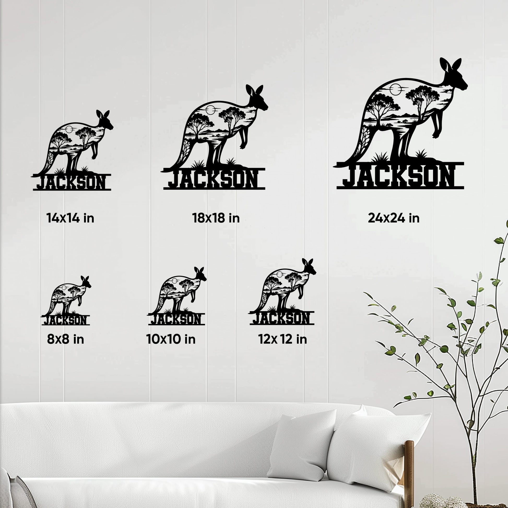 Kangaroo metal sign size guide showing six available dimensions in a bright living room setting