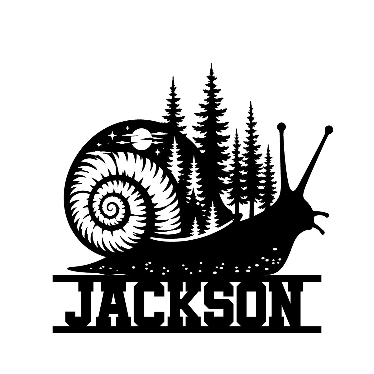 Black snail metal sign featuring a spiral shell, moonlit forest, pine trees, and a bold custom design