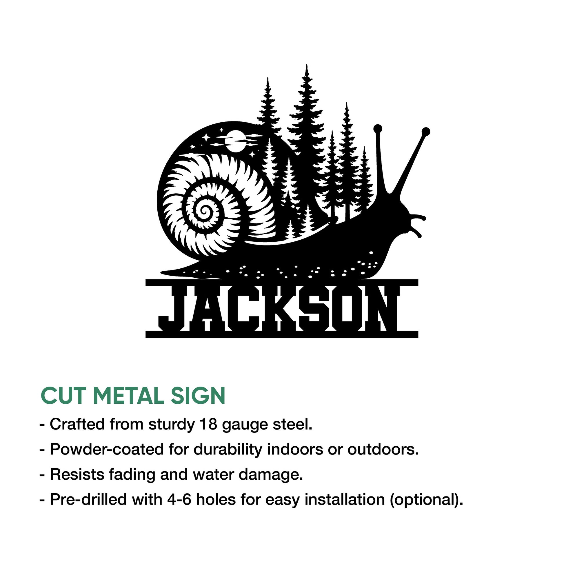 Snail metal sign shown with a woodland forest scene, spiral shell, and decorative cut-metal silhouette