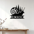 Custom snail wall sign displayed on a light wood-paneled wall above a console table