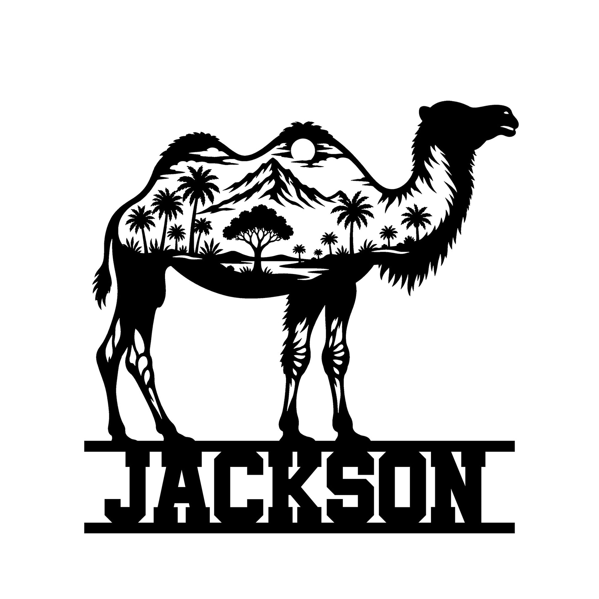 Camel metal sign featuring a desert landscape with mountains, palm trees, moon, and bold silhouette design