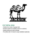 Camel metal sign feature graphic showing cut-steel construction and optional installation details