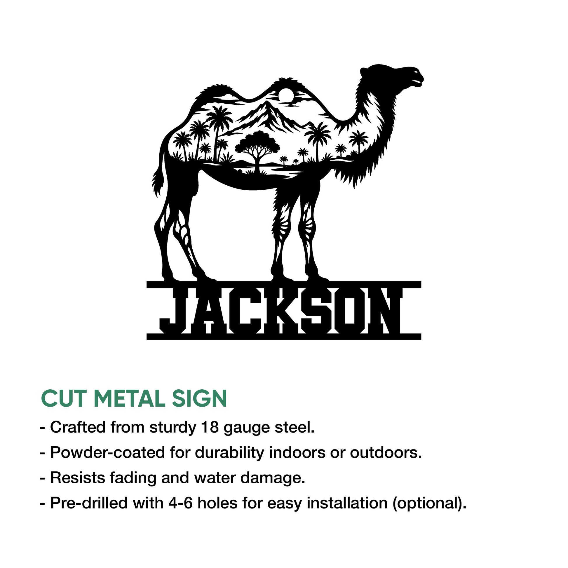 Camel metal sign feature graphic showing cut-steel construction and optional installation details
