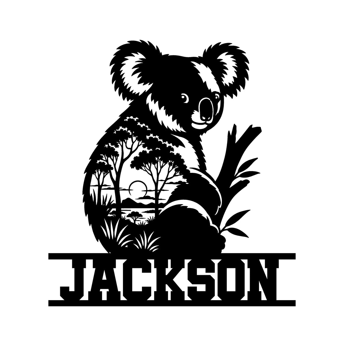 Koala metal sign featuring a bold silhouette, eucalyptus tree, and Australian landscape scene