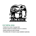Cut metal elephant sign shown with an African landscape silhouette and product feature information