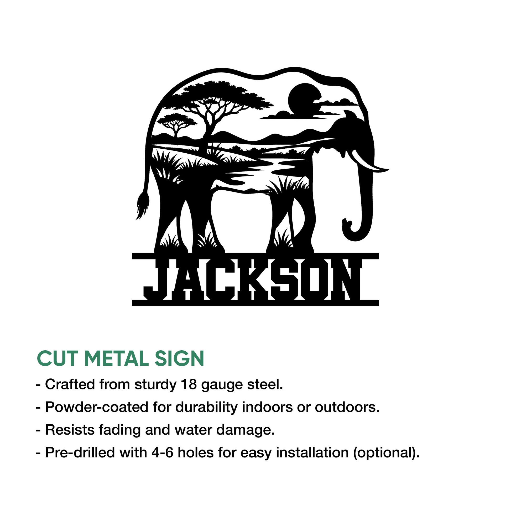 Cut metal elephant sign shown with an African landscape silhouette and product feature information
