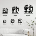 Elephant metal sign size guide showing multiple square size options in a bright living room