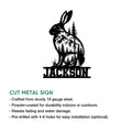 Rabbit woodland metal sign shown with a cut-metal design and installation feature information