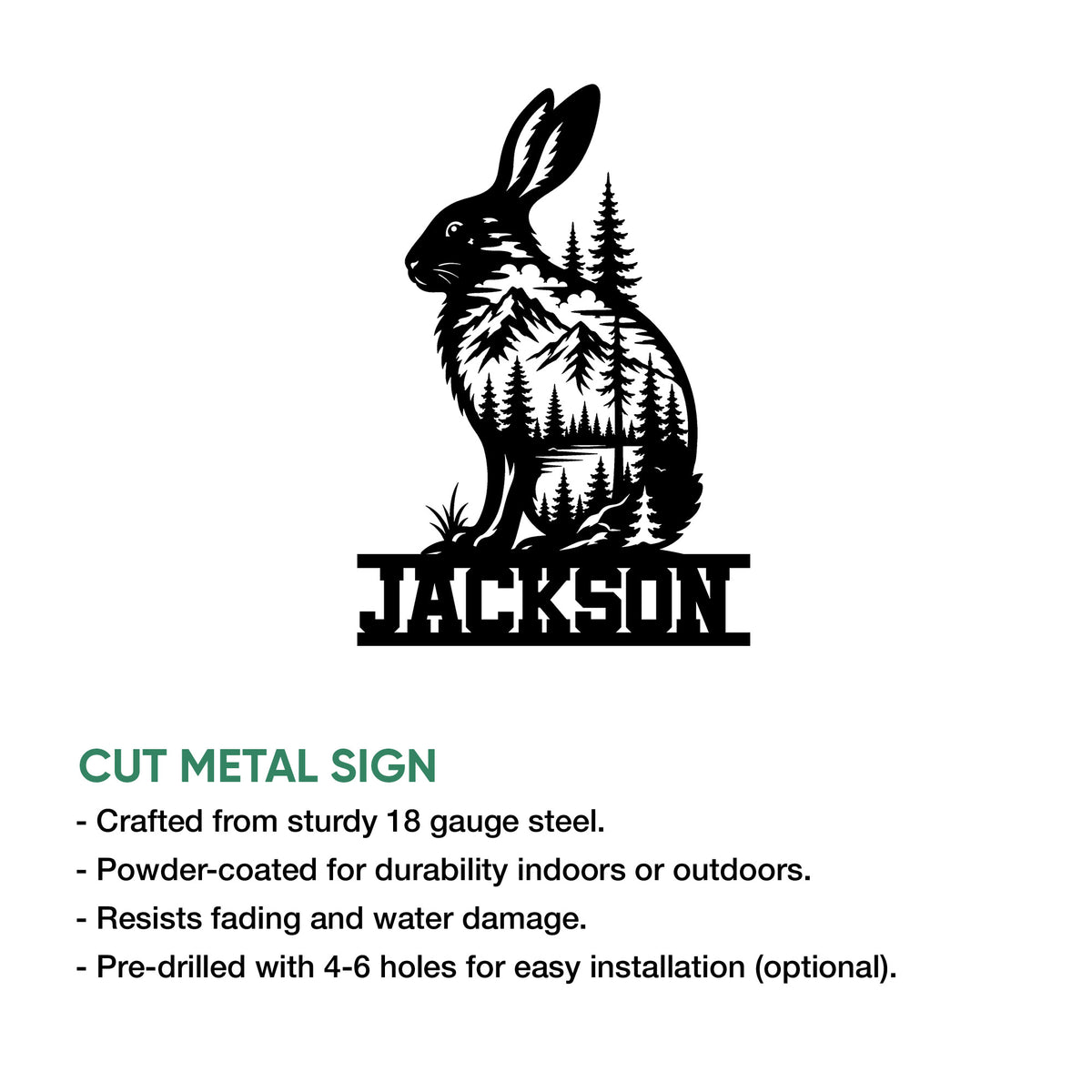 Rabbit woodland metal sign shown with a cut-metal design and installation feature information