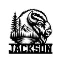 Bold bison metal sign featuring a wildlife silhouette, mountain landscape, pine trees, and a lake