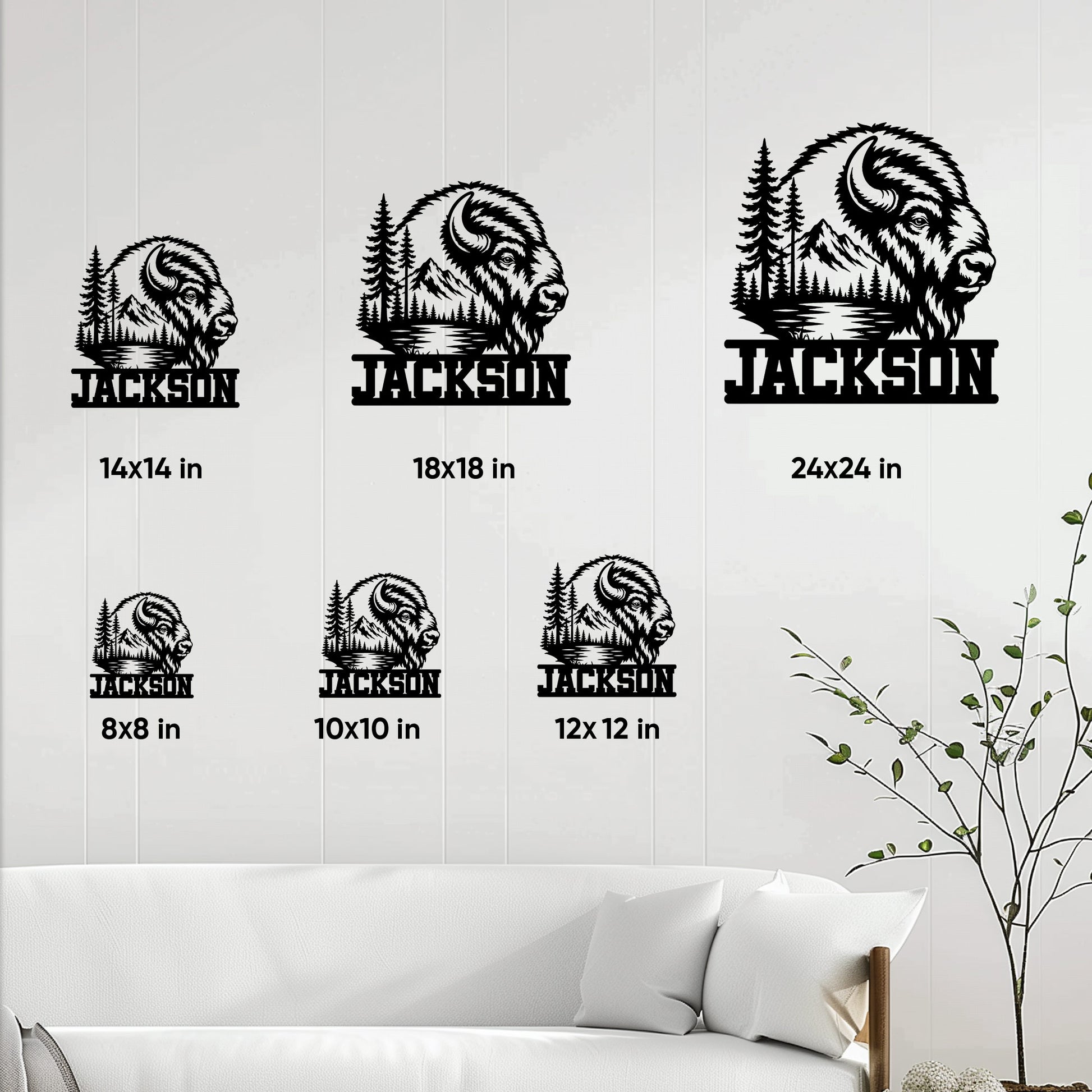 Bison metal sign size guide showing multiple square size options in a staged living room setting