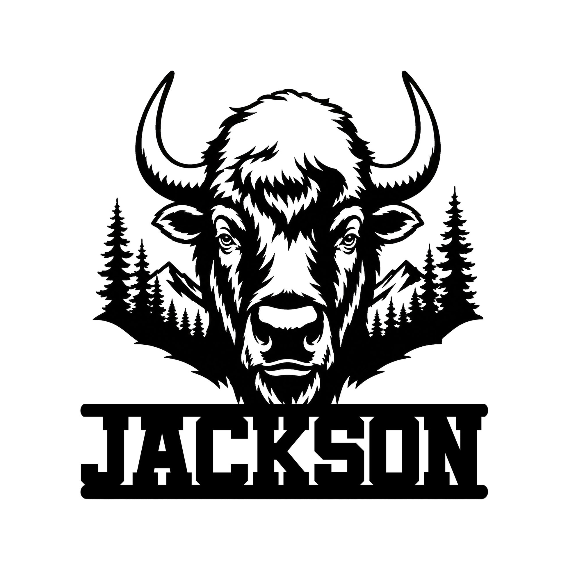 Bold bison head metal sign with mountain and pine tree scenery in a rustic black silhouette design