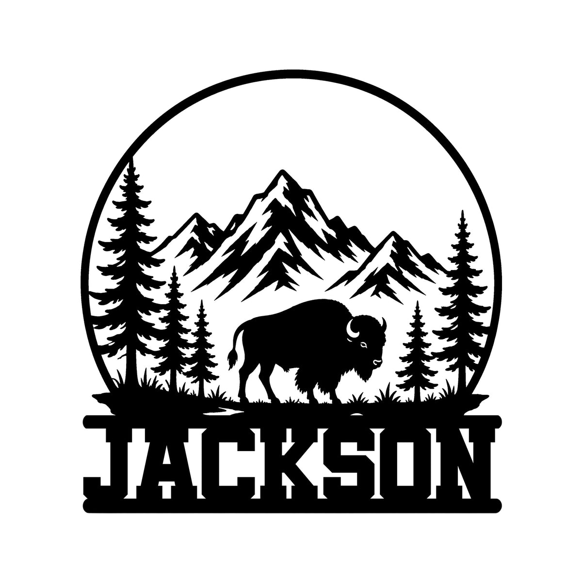 Custom bison metal sign featuring a mountain wilderness scene with pine trees and a bold buffalo silhouette