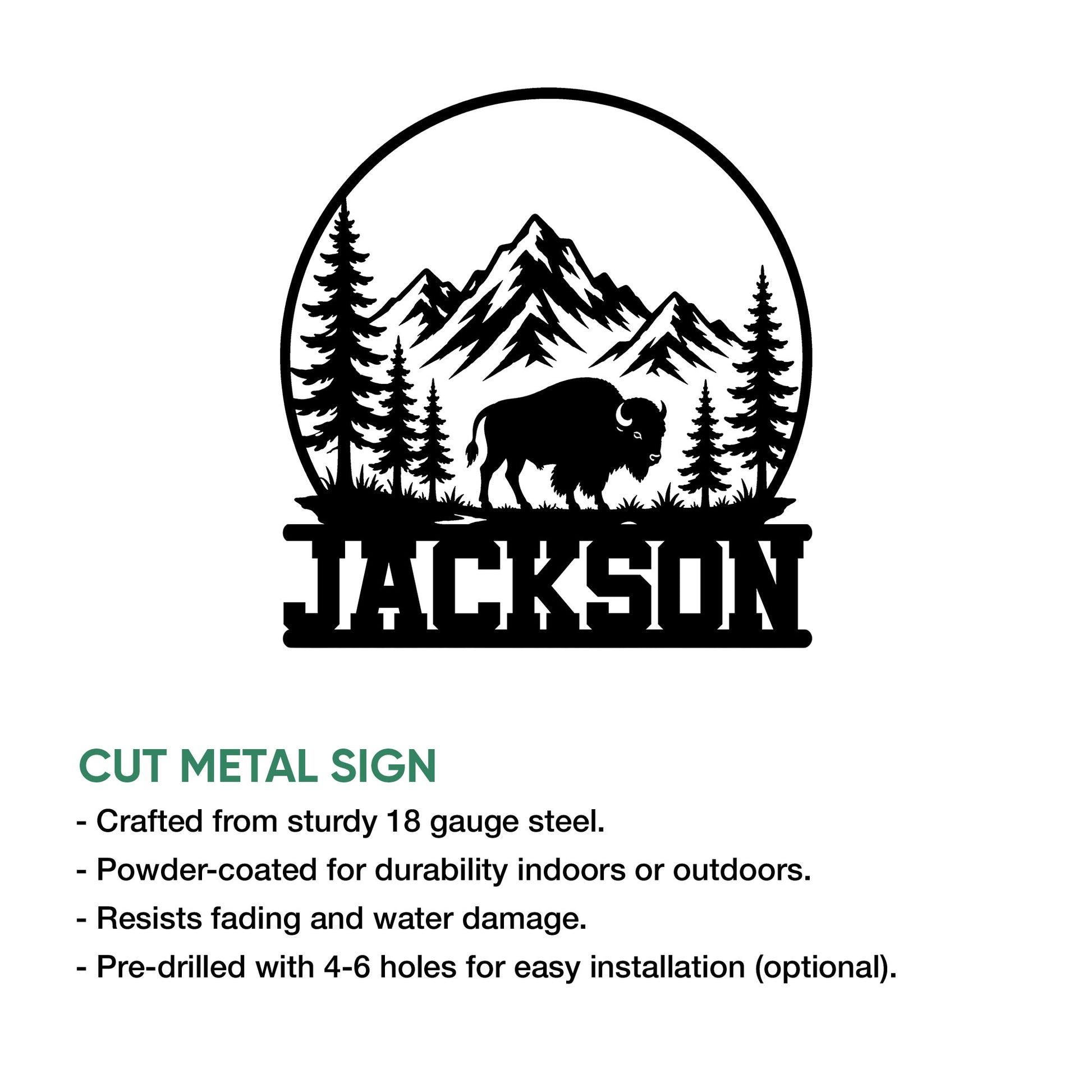 Bison metal sign feature graphic showing a buffalo, mountain landscape, pine forest, and cut-metal design