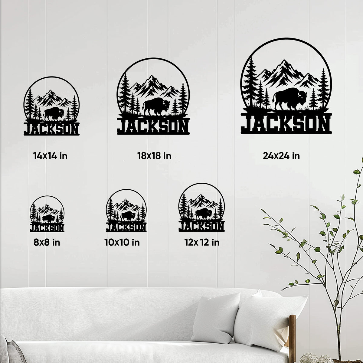 Bison metal sign size guide showing six square size options in a mountain wildlife design