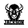 Bold bison head silhouette featured on a custom metal sign for rustic western wall decor