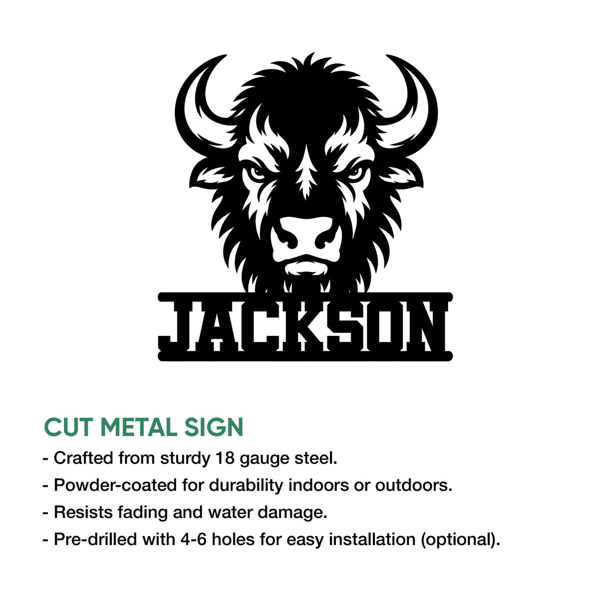 Bison metal sign feature graphic showing the cut-steel design and available sign details