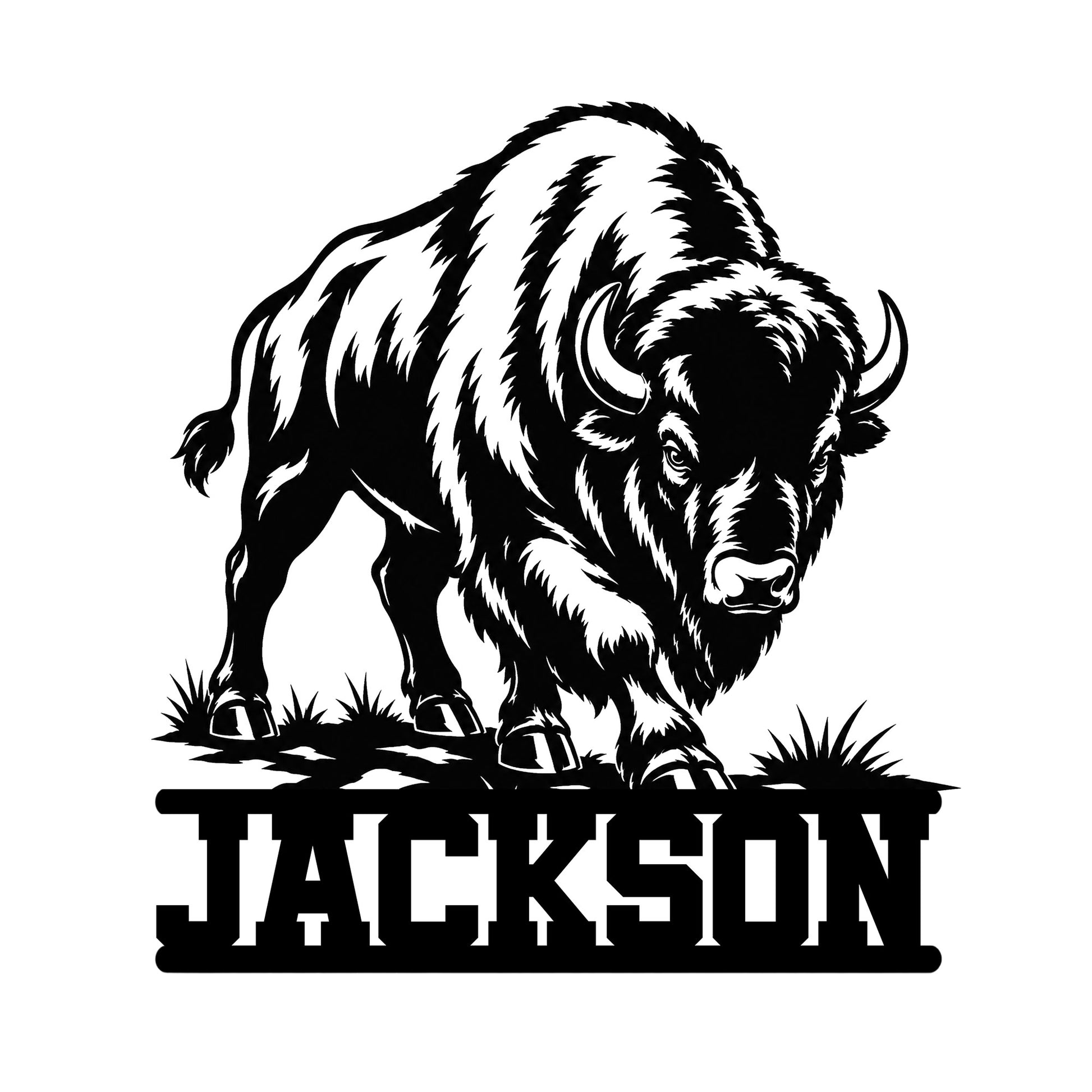 Black-and-white bison silhouette metal sign with bold block lettering and a rugged wildlife design