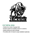 Bison metal sign shown with cut-steel construction and installation feature details