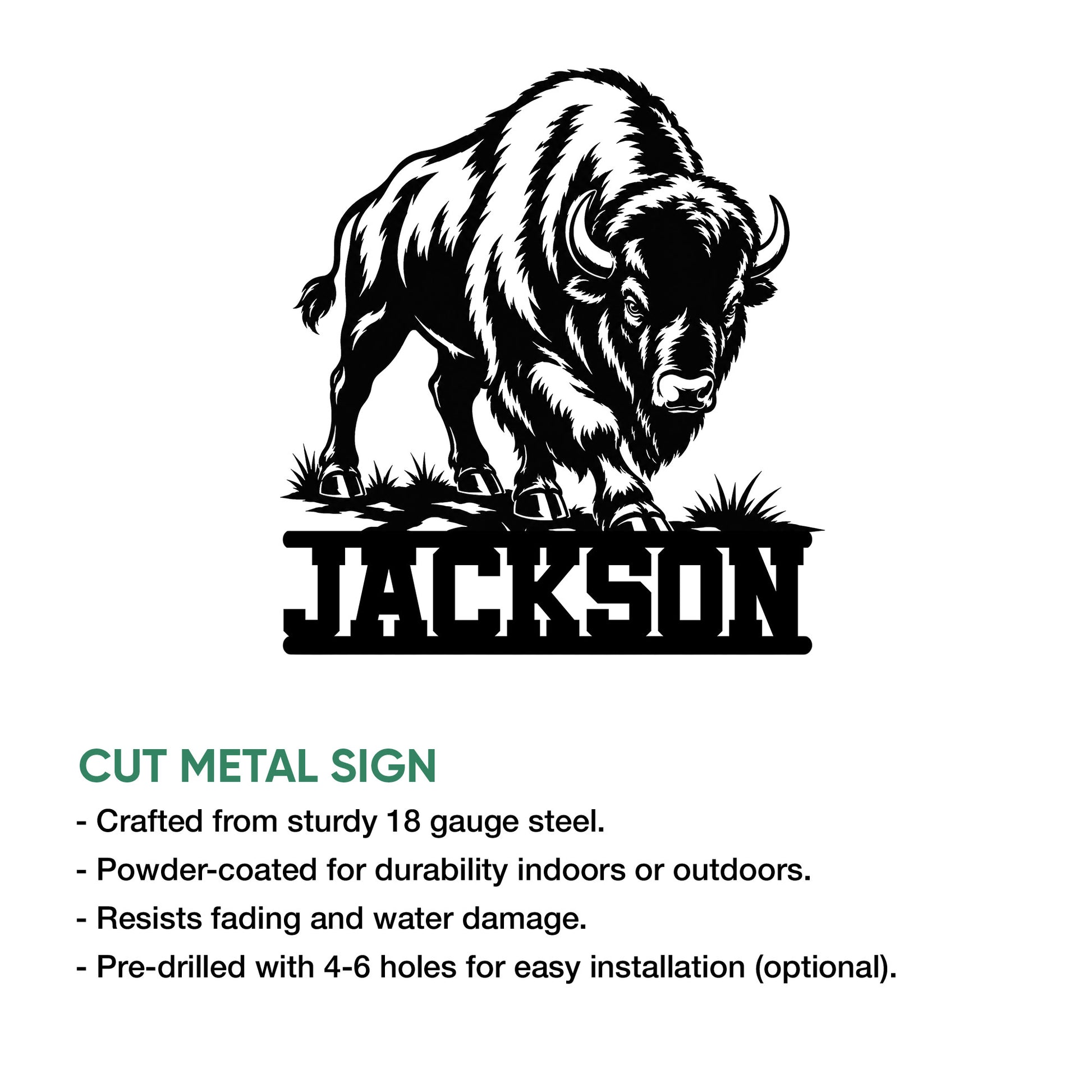 Bison metal sign shown with cut-steel construction and installation feature details