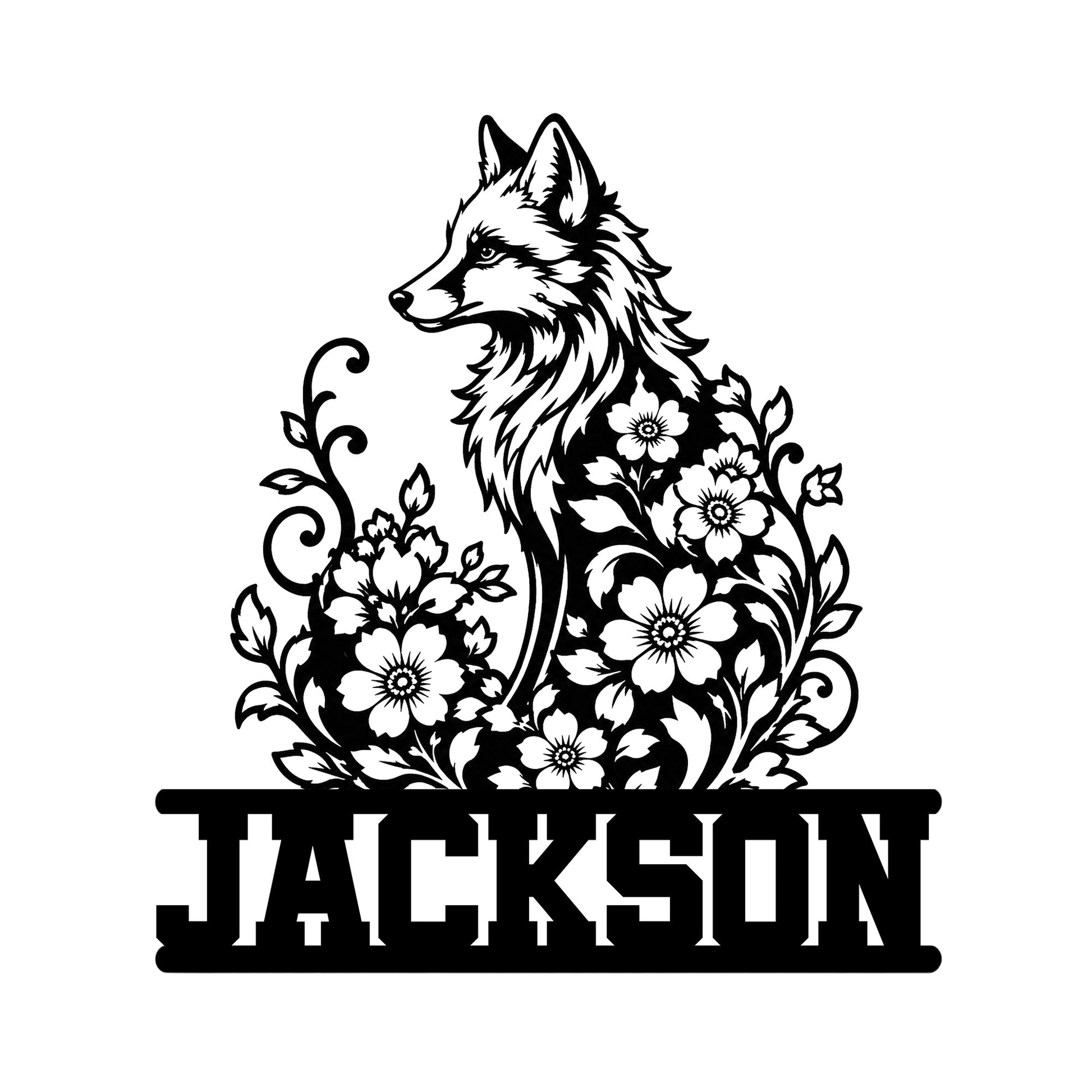 Floral fox metal sign featuring a detailed woodland fox surrounded by blooming flowers and leafy vines