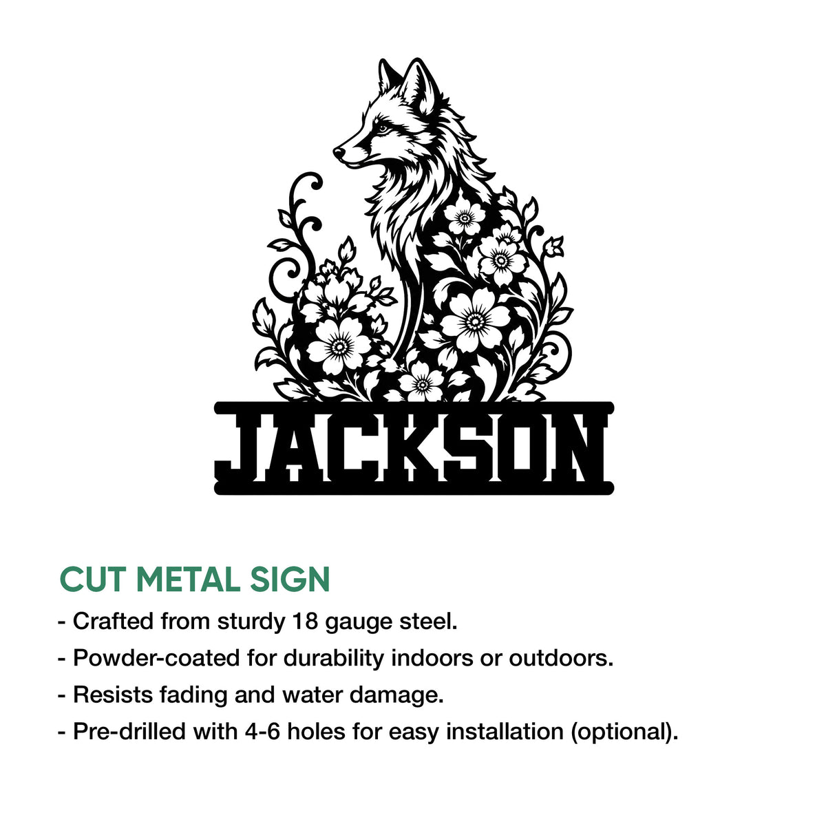 Fox metal sign feature graphic showing a cut floral fox design for indoor or outdoor display