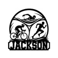 Custom triathlon metal sign featuring swimming, cycling, and running silhouettes in a bold circular design