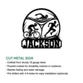 Triathlon metal sign design showing athletes swimming, biking, and running with a bold custom nameplate style