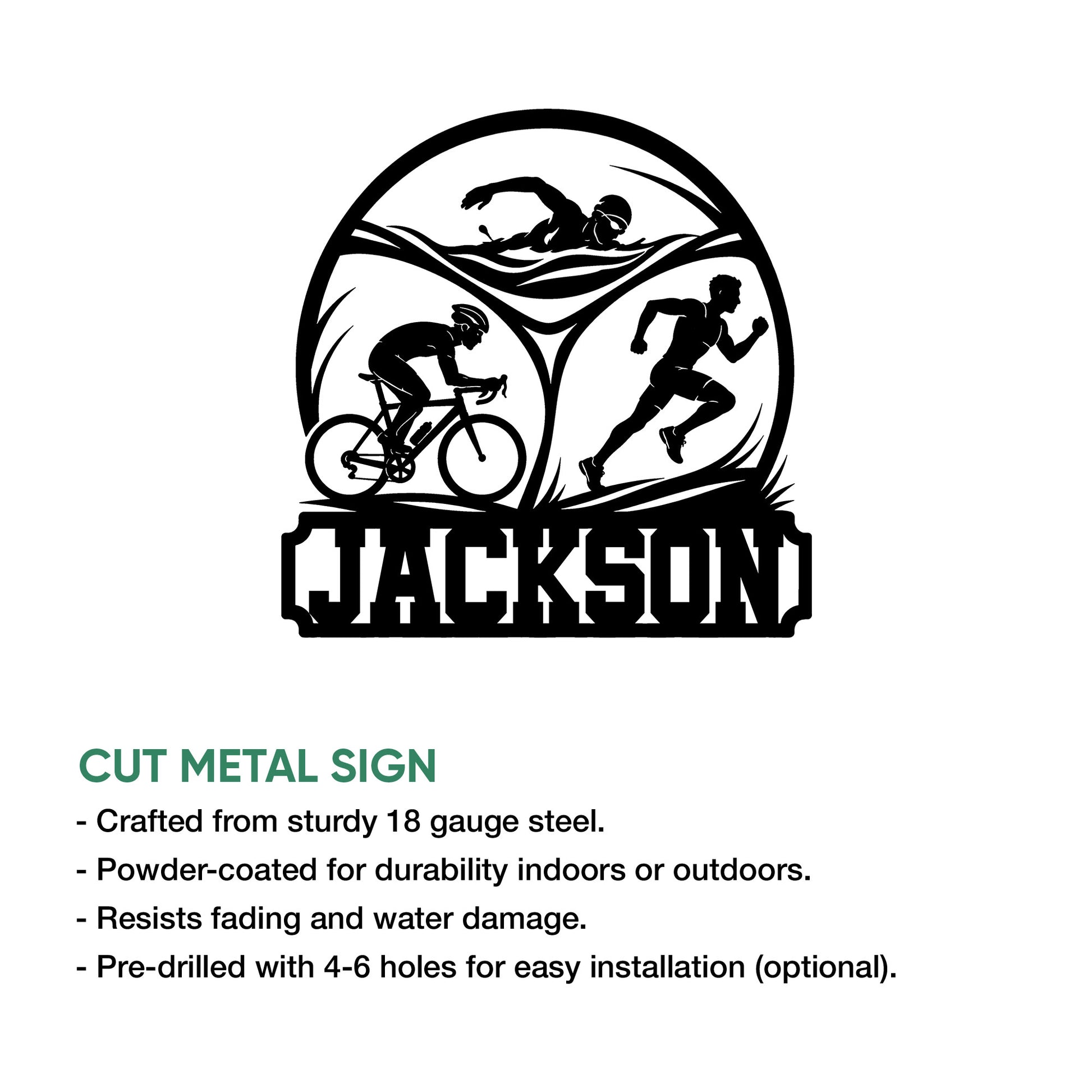 Triathlon metal sign design showing athletes swimming, biking, and running with a bold custom nameplate style