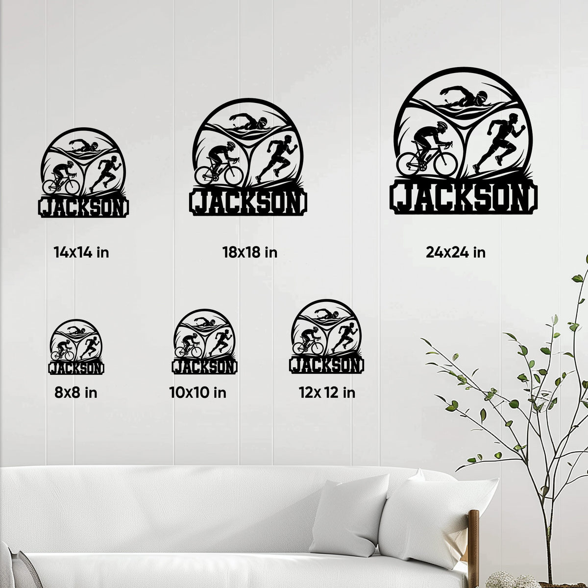 Triathlon metal sign shown in multiple size options with swimming, cycling, and running artwork