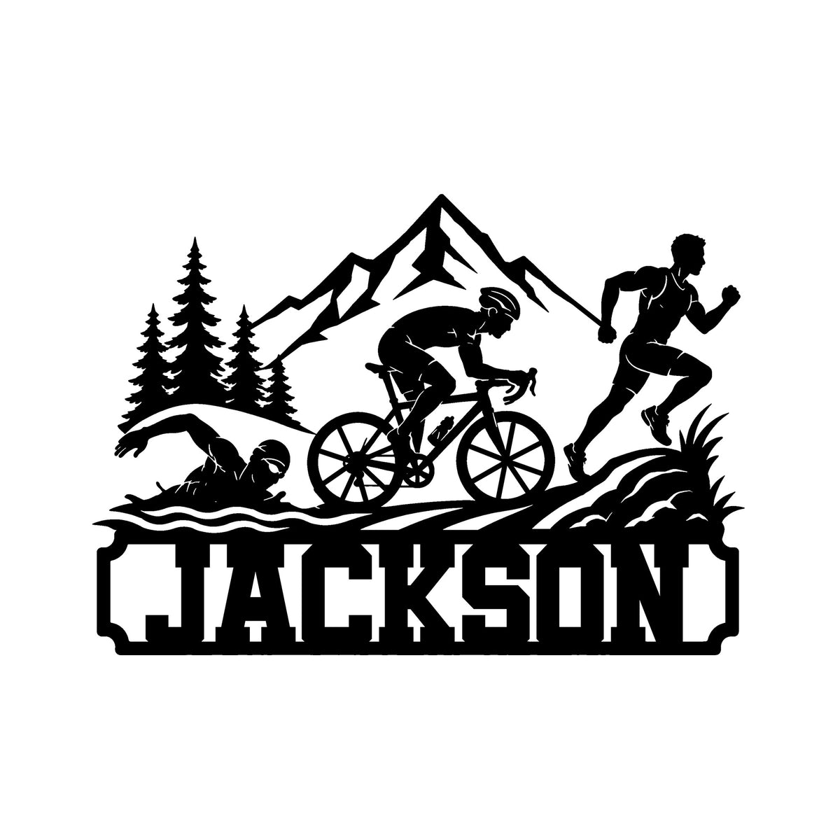 Triathlon metal sign featuring swimmer, cyclist, and runner silhouettes beneath mountain peaks and pine trees