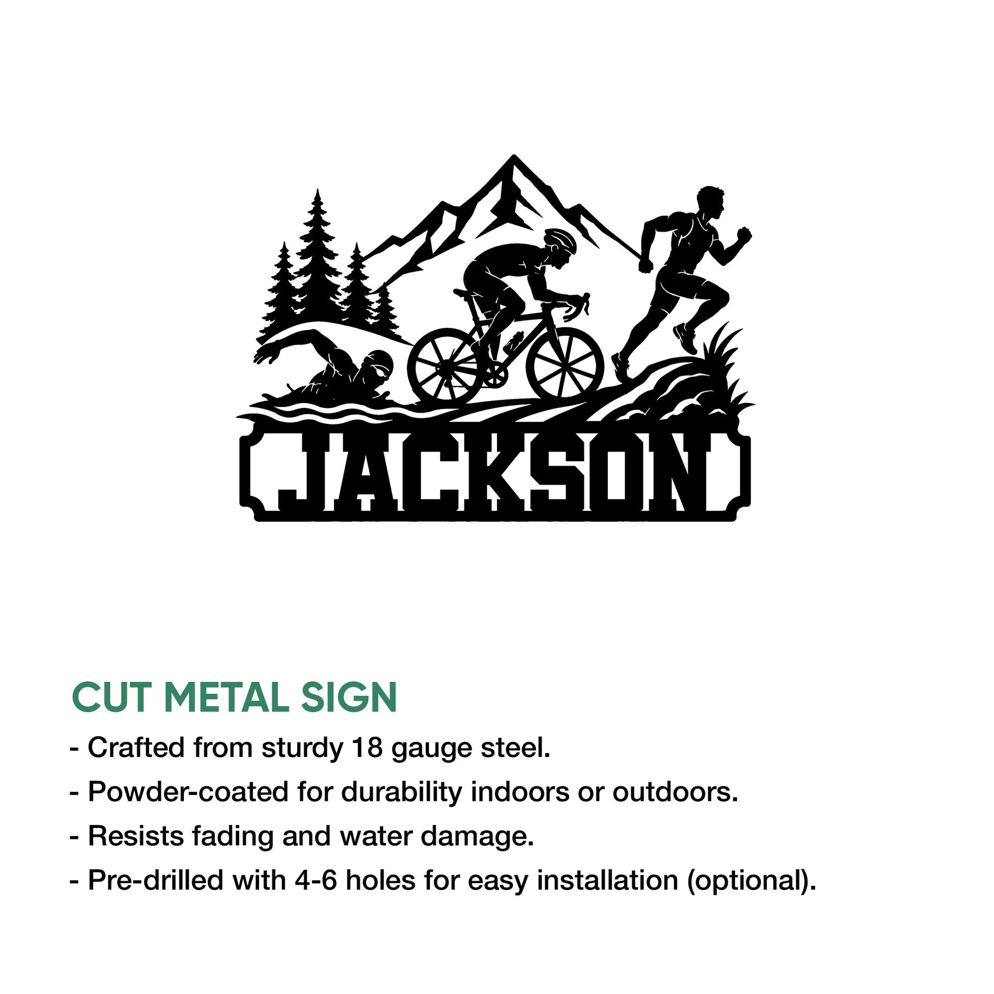 Cut metal triathlon sign with swim, bike, and run silhouettes in a mountain landscape design
