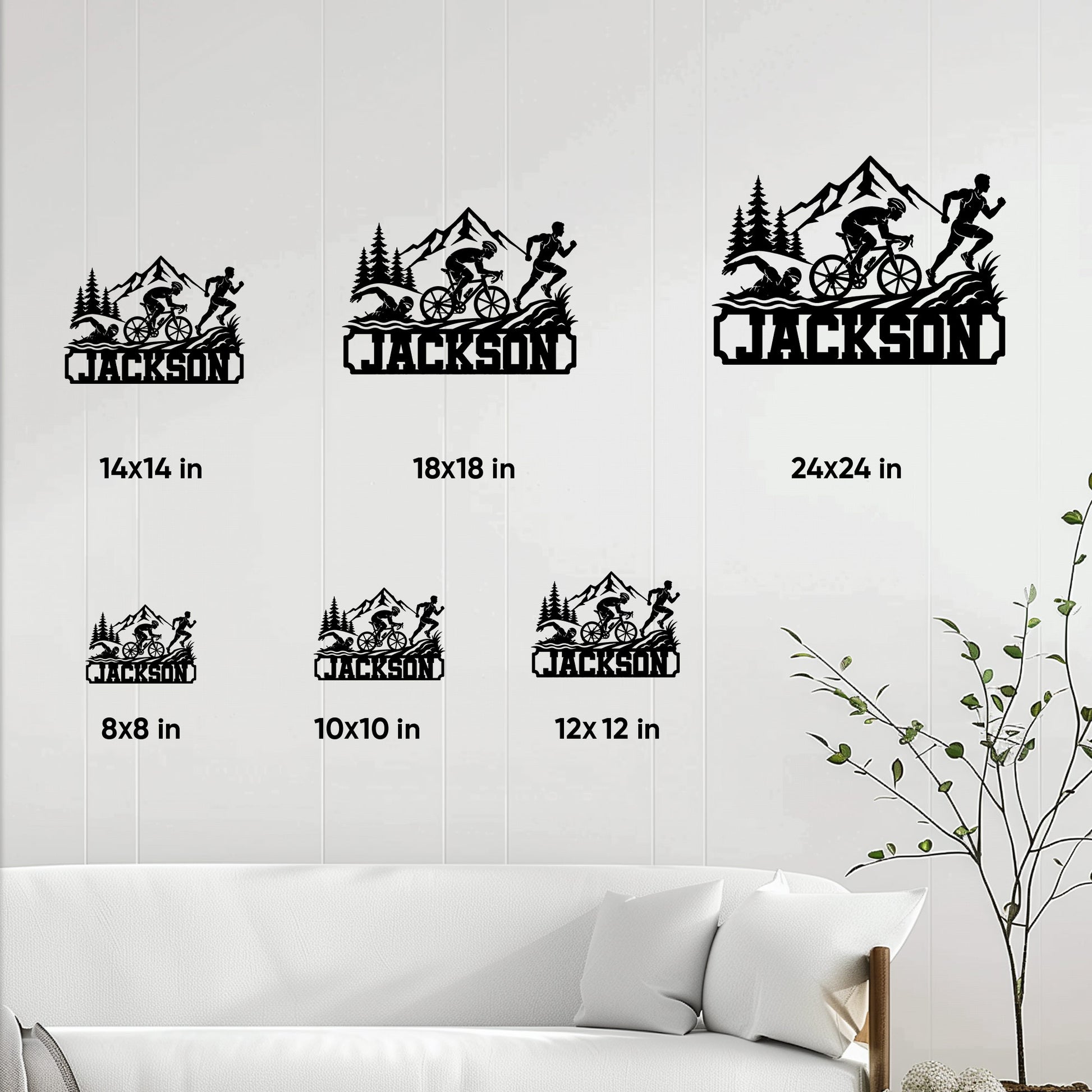 Triathlon metal sign size guide showing several available square sizes in a home setting