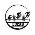 Triathlon metal sign featuring swim, bike, and run silhouettes within a bold circular heartbeat design