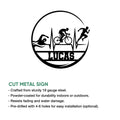 Triathlon cut metal sign showing the swim-bike-run sequence with a heartbeat-inspired circular outline