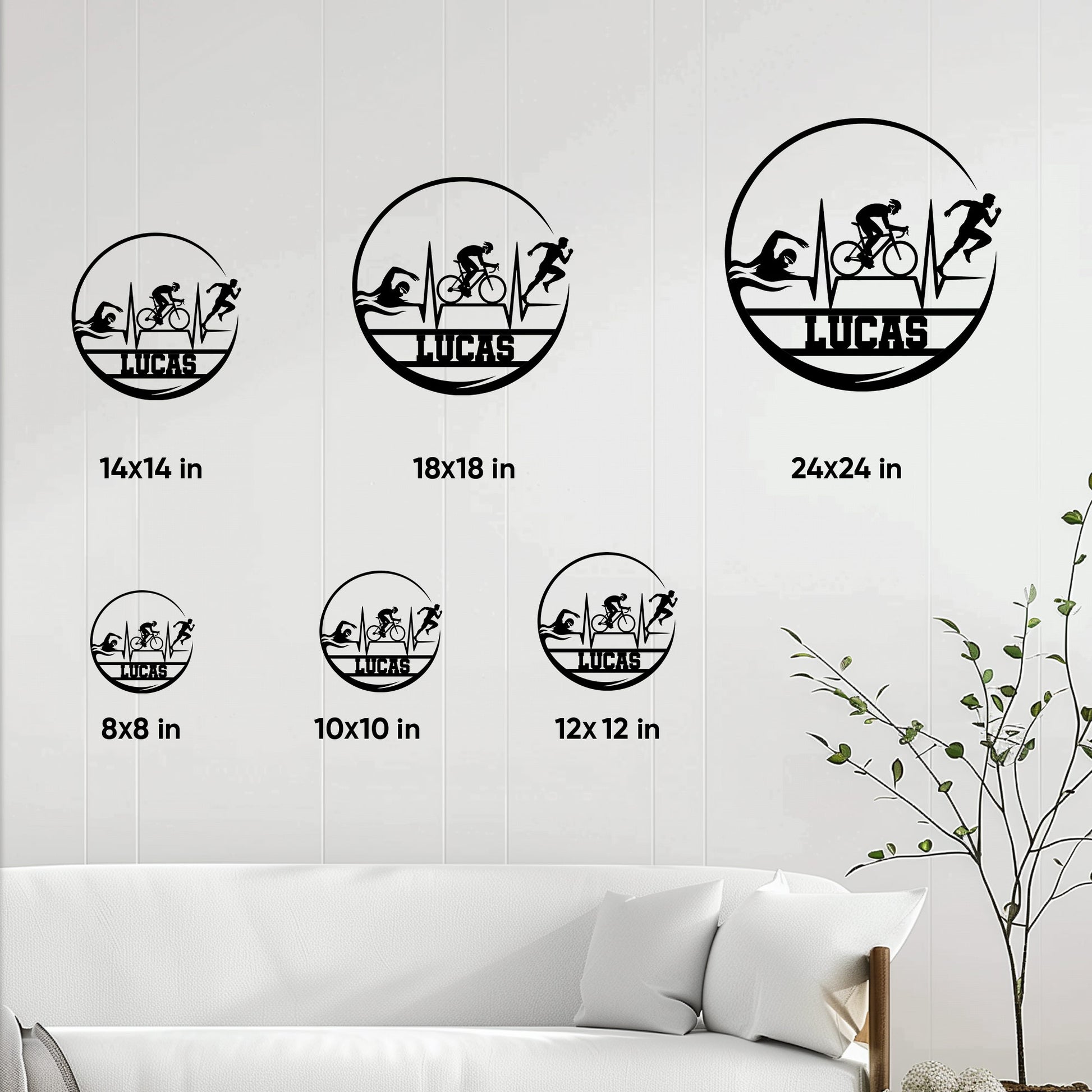 Triathlon metal sign size guide displaying six square size options from 8 by 8 to 24 by 24 inches