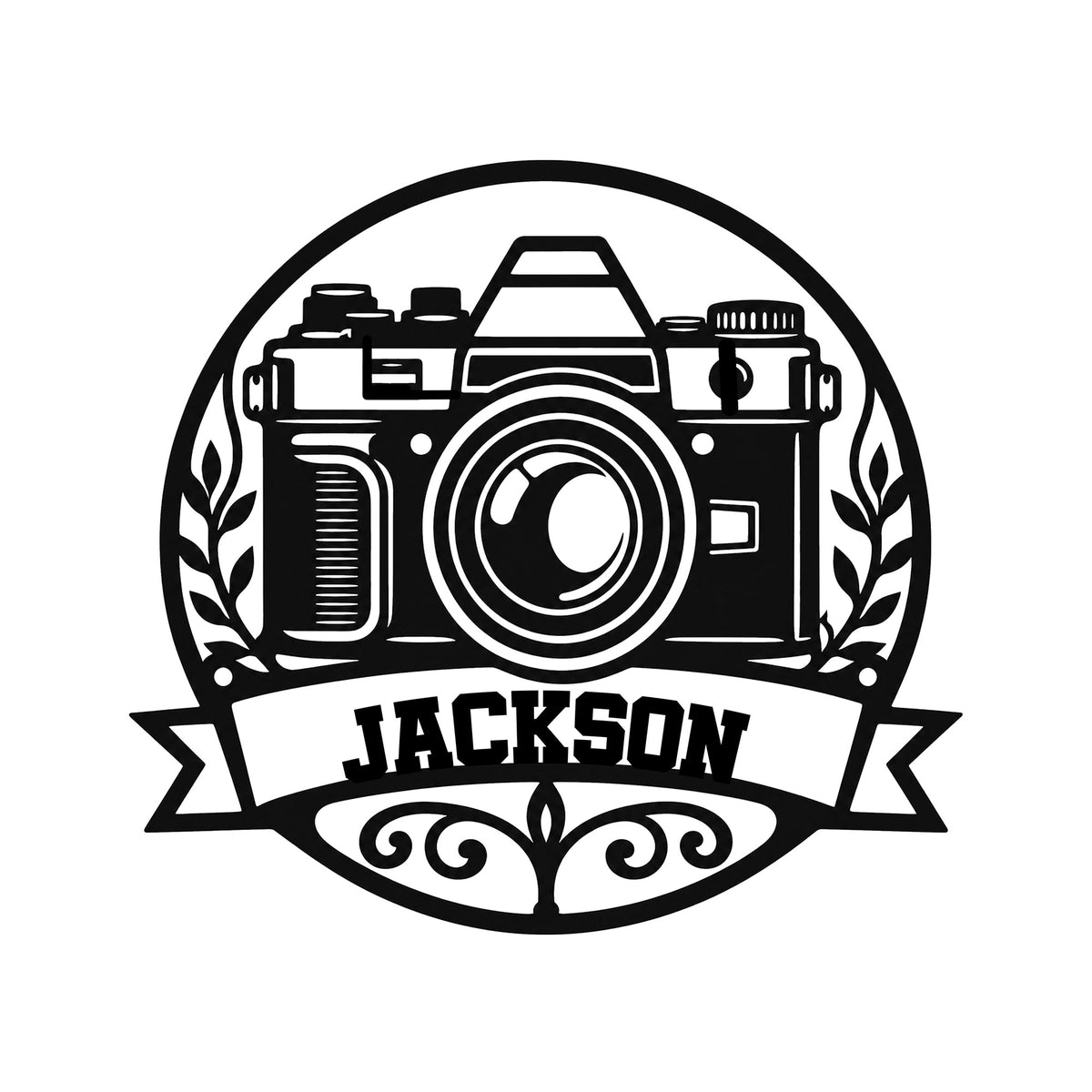 Custom photographer metal sign featuring a vintage camera, decorative foliage, and a bold banner design