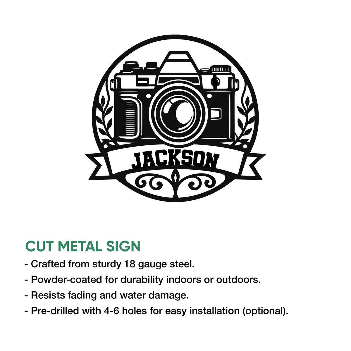 Camera wall sign shown with cut metal construction details and a classic photographer-inspired design