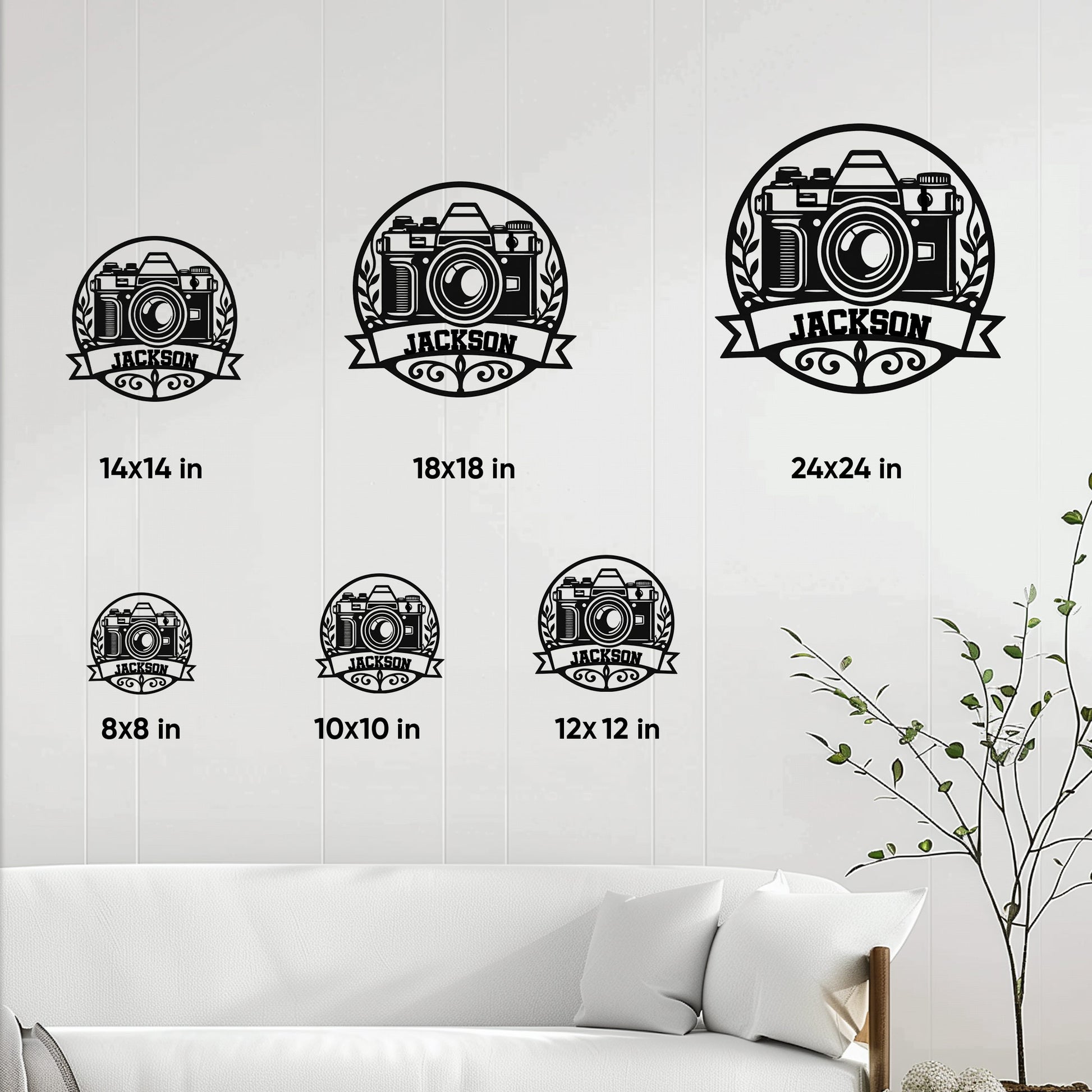 Photographer camera sign shown in multiple size options from 8 by 8 to 24 by 24 inches