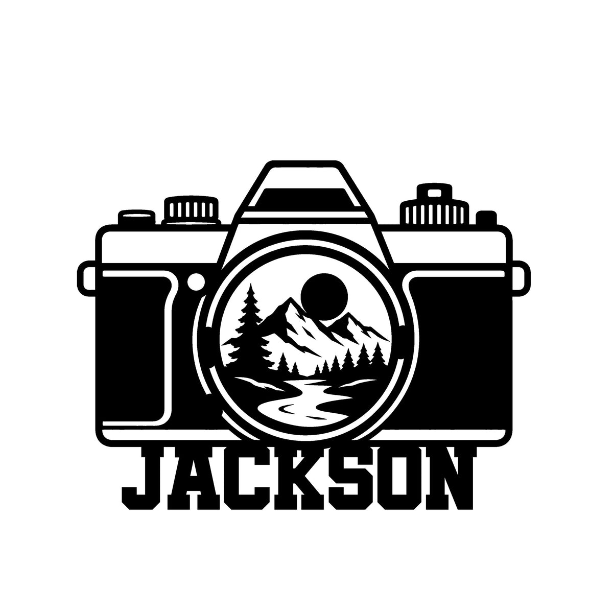 Photographer metal sign featuring a vintage camera with a mountain, forest, river, and moon scene