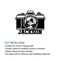 Photographer camera metal sign shown with product feature information and a bold mountain landscape design