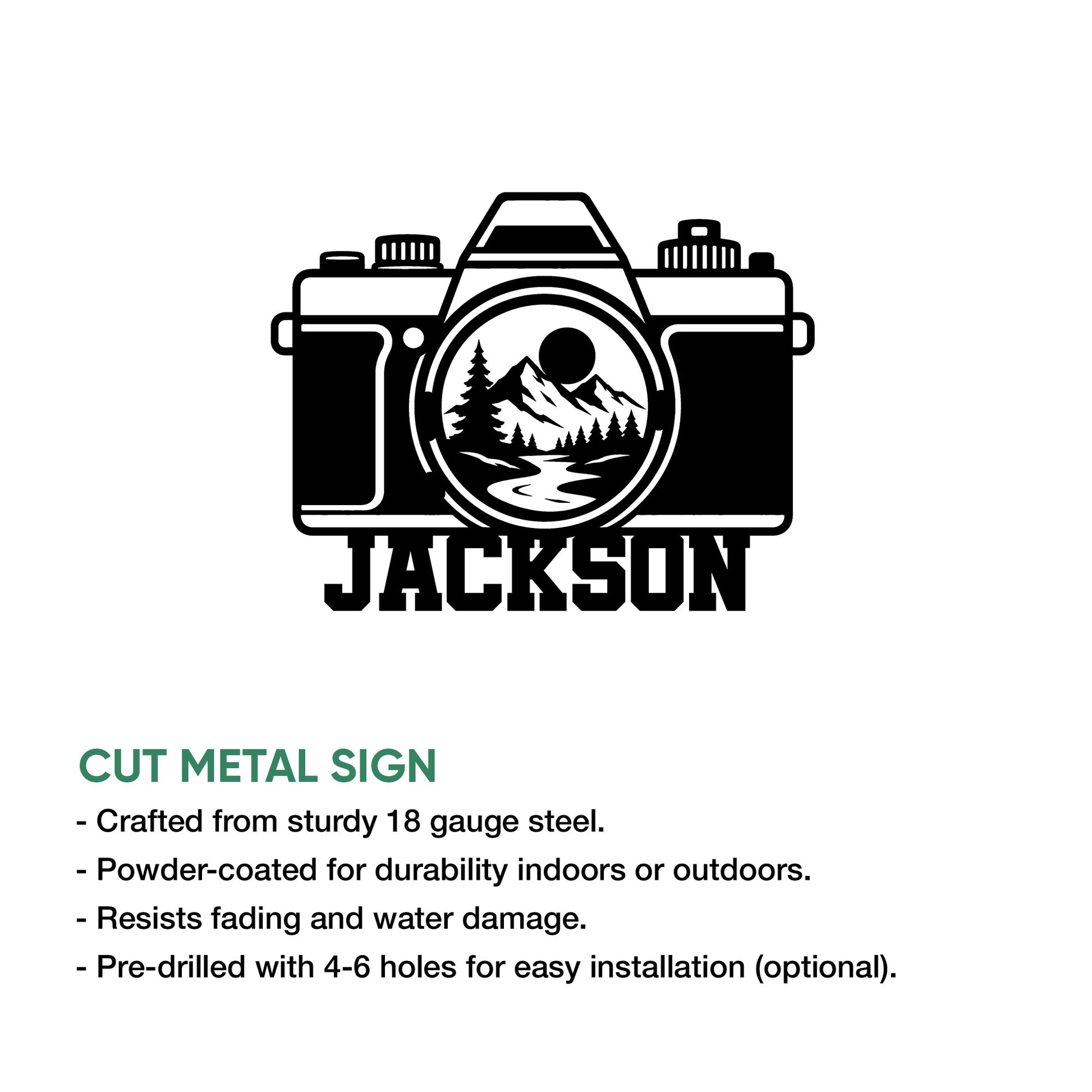 Photographer camera metal sign shown with product feature information and a bold mountain landscape design
