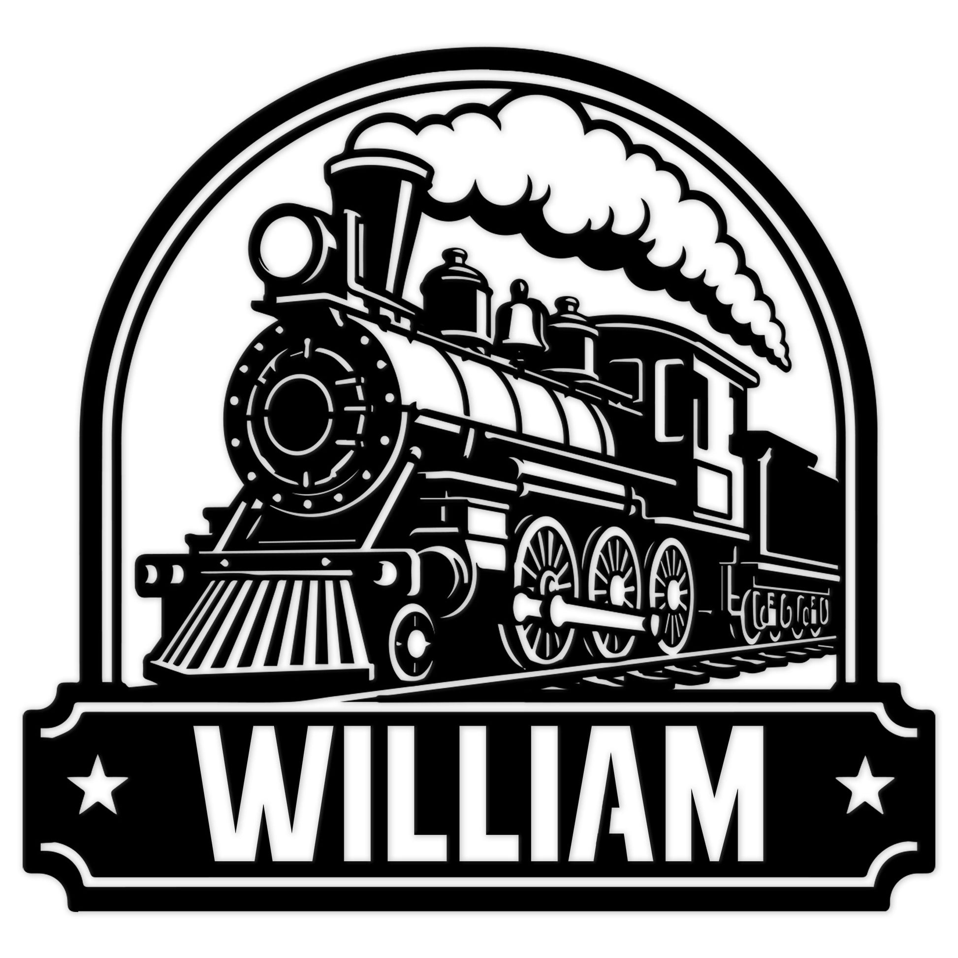 Custom railroader metal sign featuring a bold vintage steam locomotive and smoke detail