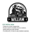 Steam locomotive metal sign shown with a product feature infographic for indoor or outdoor display