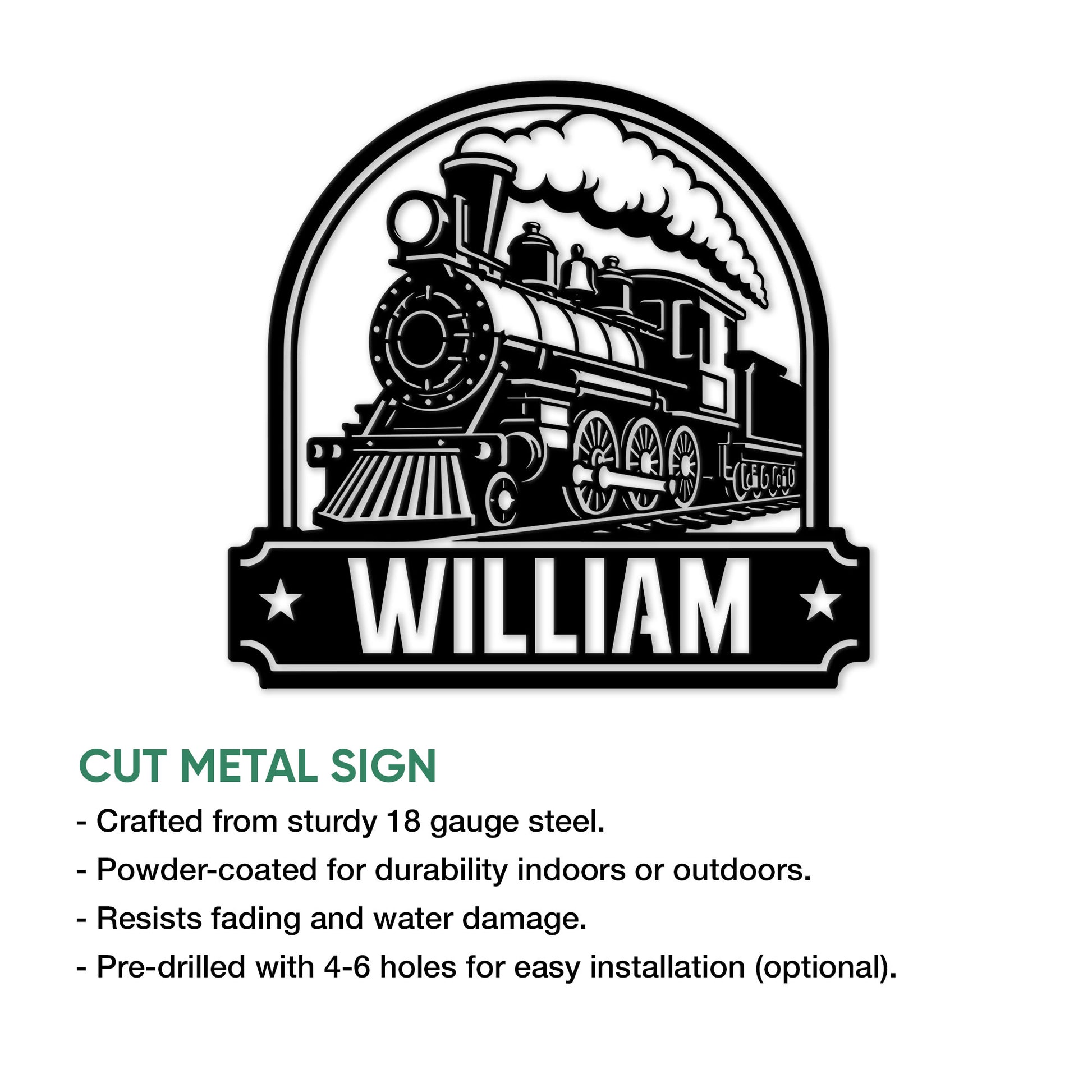 Steam locomotive metal sign shown with a product feature infographic for indoor or outdoor display